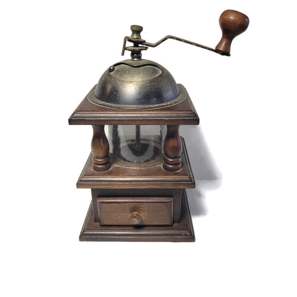 Vintage Hand Crank Wood Coffee Grinder with Catch Drawer Pre-owned